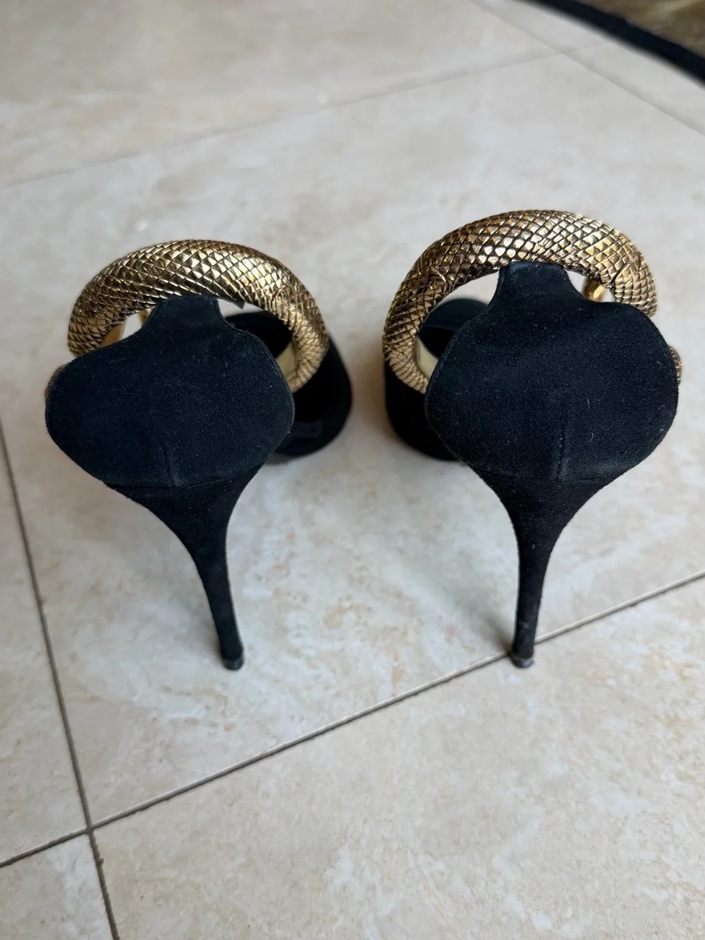 Giuseppe Zanotti Black Suede Heels with Gold Snake Detail sz 39